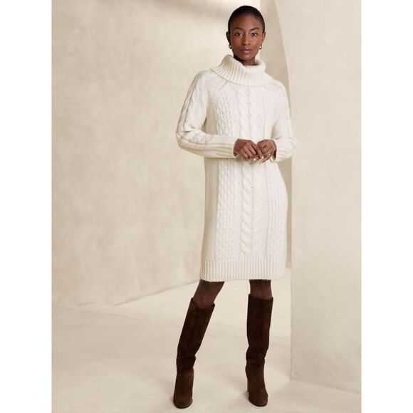 Banana Republic Cable-Knit Turtleneck Sweater Dress Sz S Ivory Cream Wool Blend - Picture 1 of 12